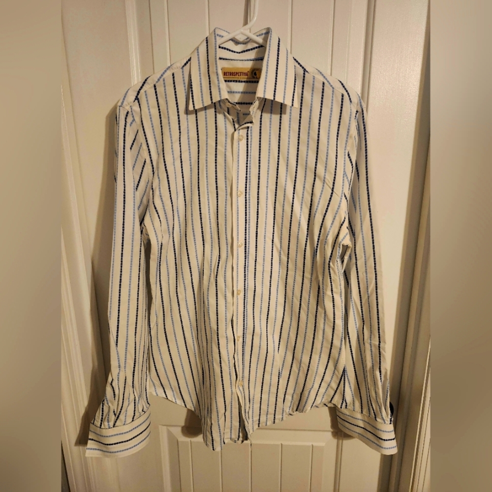 Men's White and Blue Striped Button-Down Shirt